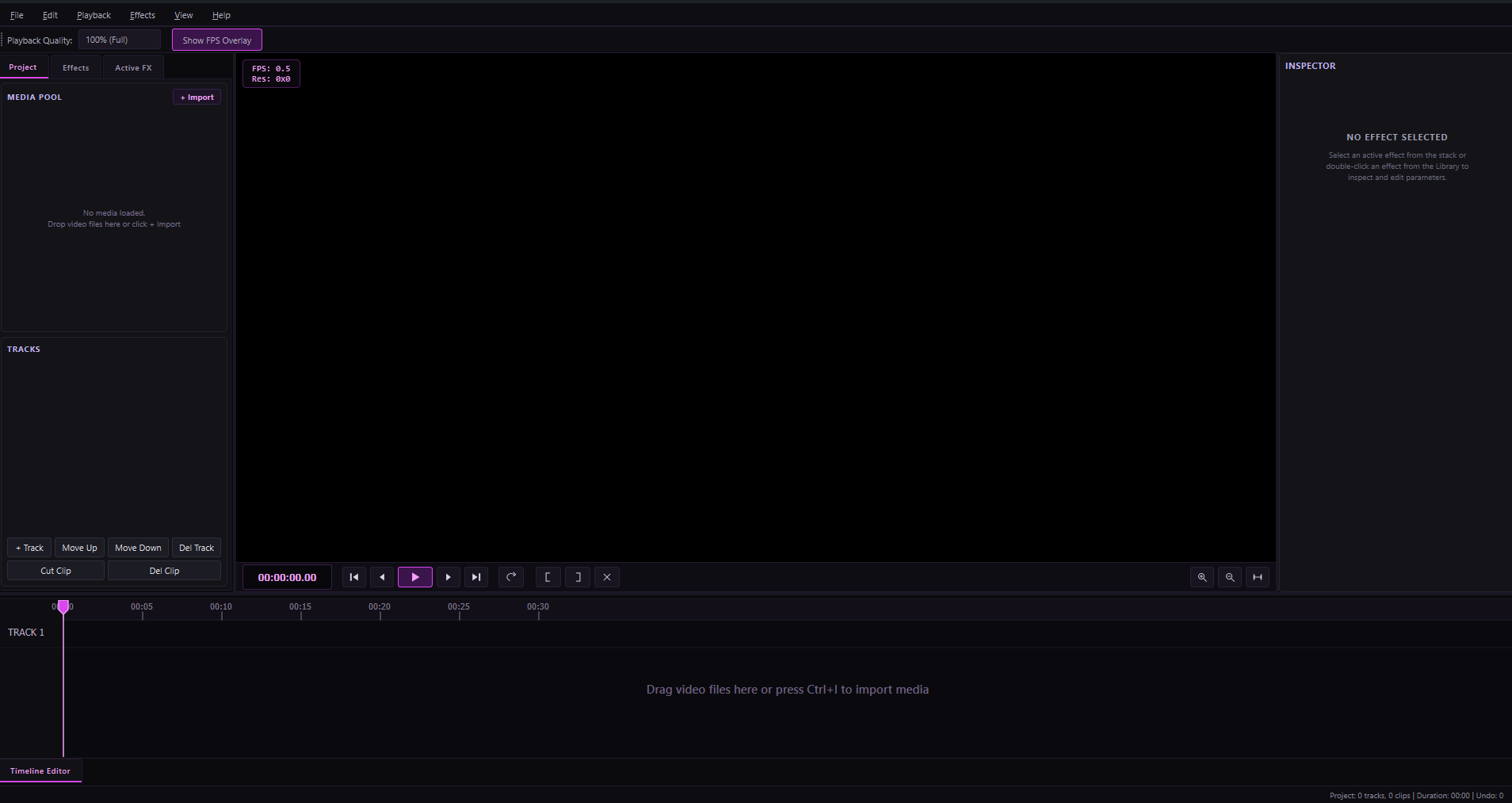 The dark Z Video Editor interface with media pool, preview, inspector, and timeline